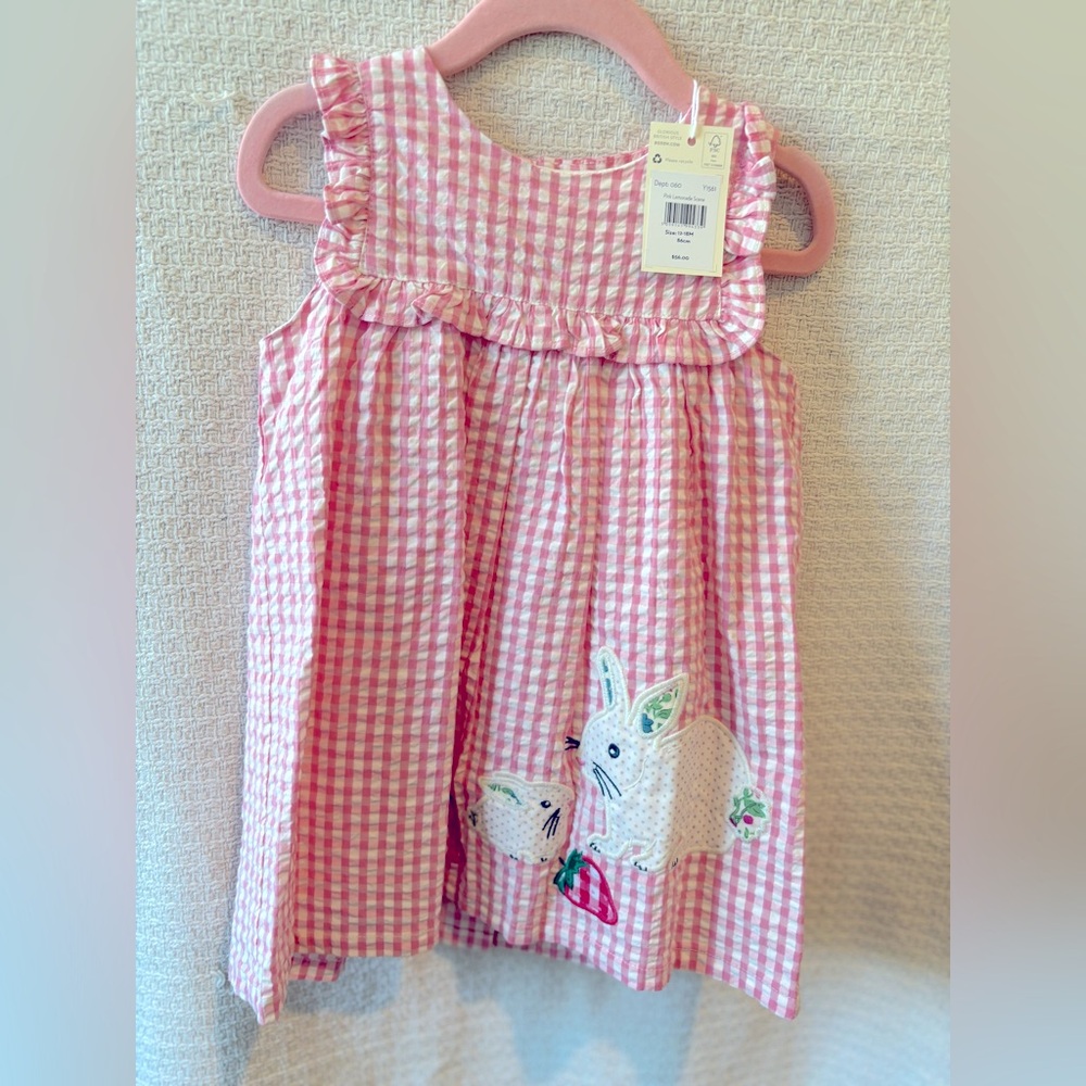 Brand new Mini Boden appliqué bunny dress. Size 12-18 months.